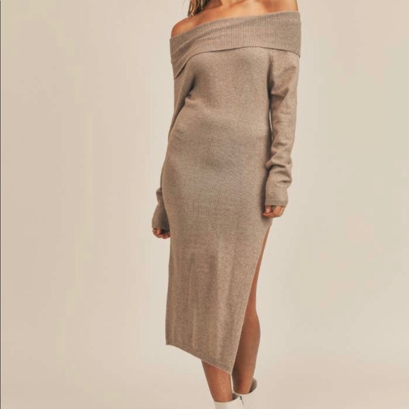 Off Shoulder Foldover Bodycon Sweater Dress Mocha Small - Picture 2 of 4